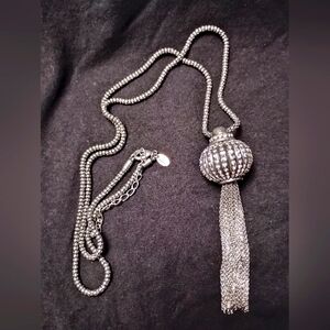 Vintage Lia Sophia silver and rhinestone drop ball tassel long bling necklace